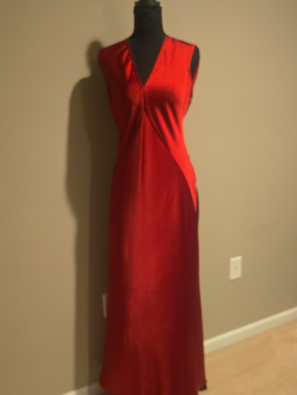 Calvin Klein Red Satin V-Neck Midi Dress